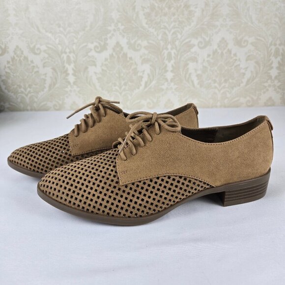 Anne Klein Laden I Flex Size 8.5M Tan Perforated Textile Lace Up Loafers NWOT - Picture 4 of 16